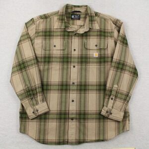 Carhartt Flannel Shirt Mens XL Green Brown Cotton Loose Long Sleeve Heavyweight